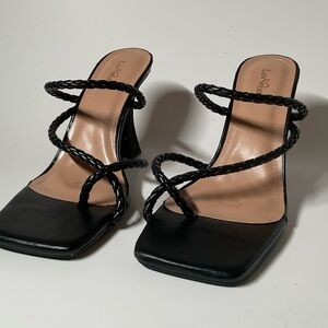 Black High Heel Mule Slip On Strappy Chunky Square Open Toe Sandal Shoe 8
